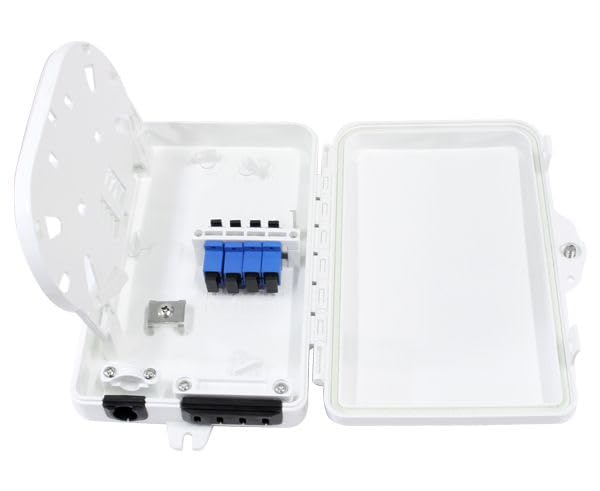 RiteAV Outdoor Wall Mount Enclosure FDU 8 Fiber Splices Dust and Waterproof Fiber Optic Cable Splice Tray and Spool 4 Adapters with Lock - with SC Simplex Magenta OM4 Adapter/Couplers
