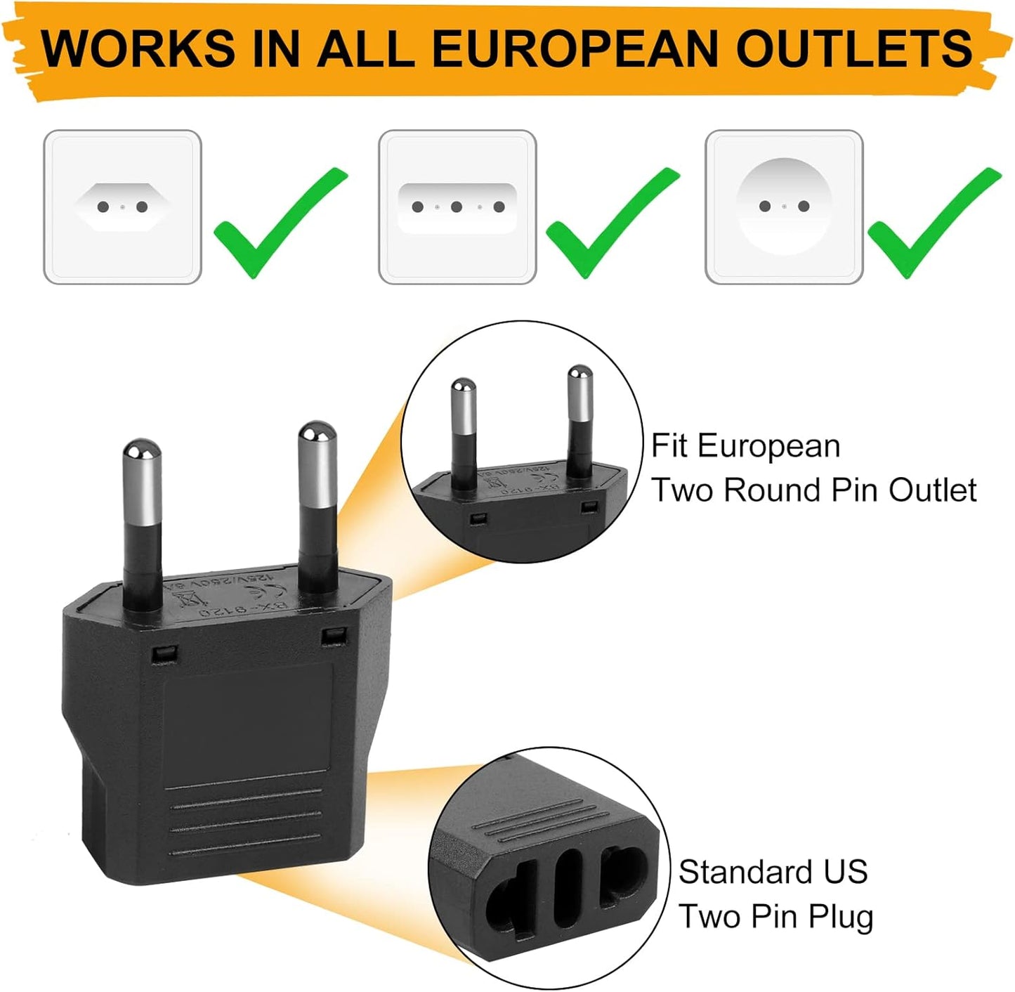 RiteAV 5-pack US till EU-adapter, 2-stiftsadapter, USA-tysk kontakt, resekontakt, USA till EU, adapter för amerikanska enheter, Europa/US/Kina/Japan/Kanada/Mexiko, universaladapter
