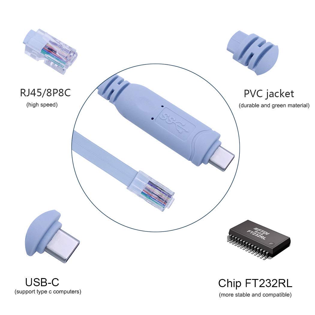 Cisco - konsolkabel till USB C till Rj45 Cisco-konsolkabel för MacBook-bärbara datorer (FTDI RS232 chip, 6 Ft/1,8 M)