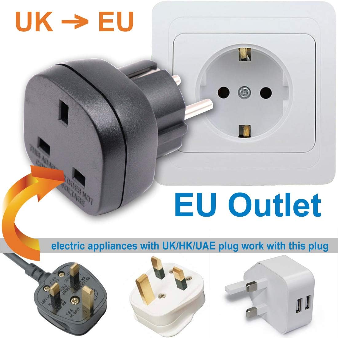 RiteAV - Godkänd UK till EU / Sverige Adapterkontakt, 3-stifts Elektronisk Apparat från Storbritannien Anpassad till 2-stifts Typ E/F EU Uttag / Sverige Uttag med Säkerhetslucka