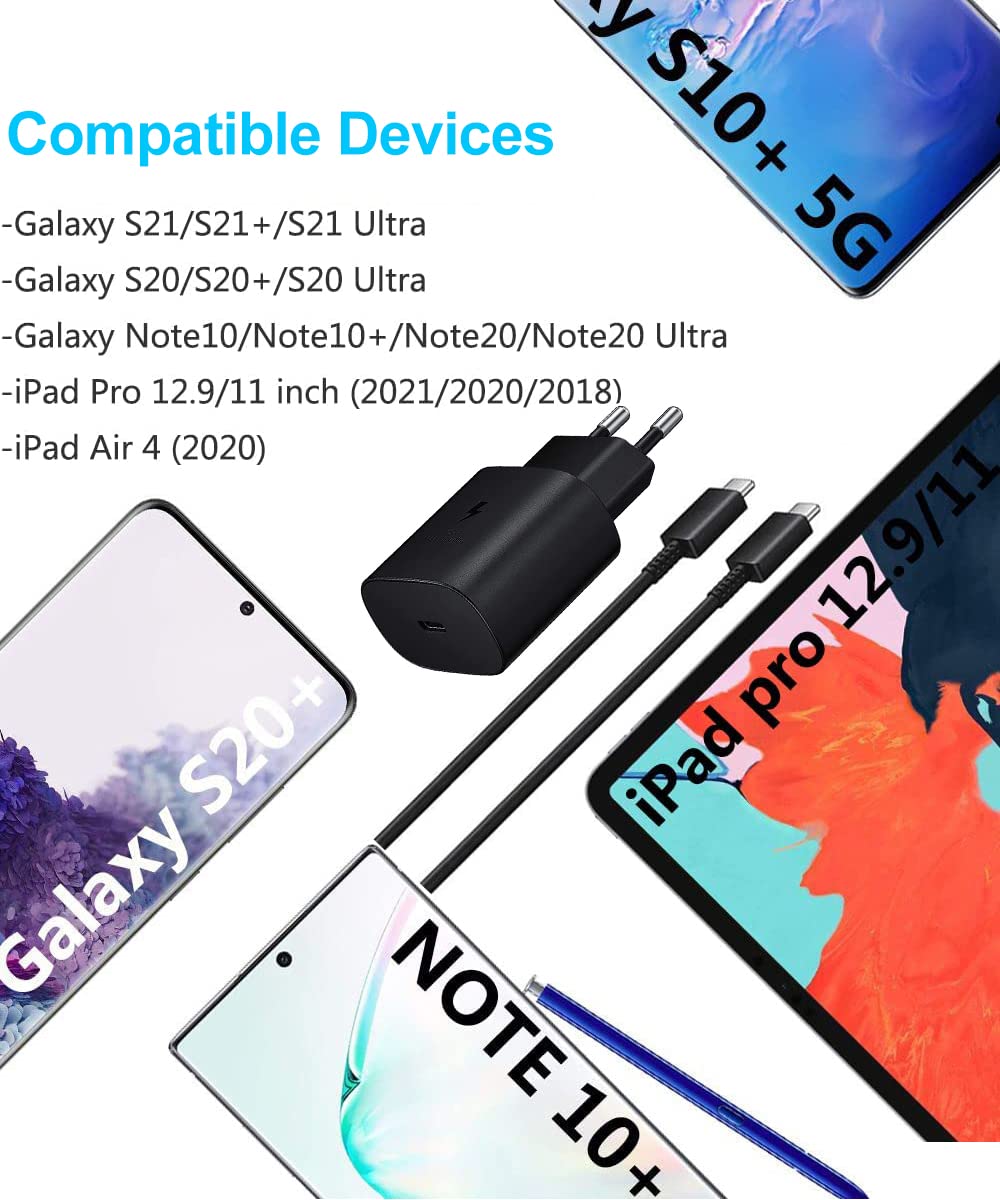 25W USB C snabbladdare för Samsung, PD 3.0 USB C Power Delivery laddare med 1,2 M USB C-kabel, kompatibel med Samsung Galaxy S23/S24 Ultr/S21 FE/S20 Plus/Note 20/Note 10 Plus/A52 A72/A71/M51