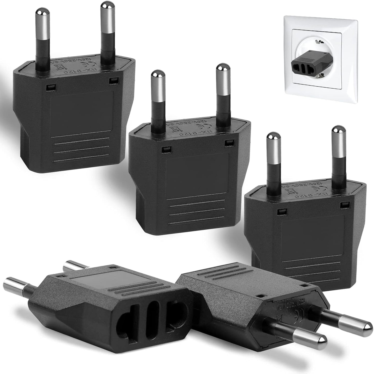 RiteAV 5-pack US till EU-adapter, 2-stiftsadapter, USA-tysk kontakt, resekontakt, USA till EU, adapter för amerikanska enheter, Europa/US/Kina/Japan/Kanada/Mexiko, universaladapter