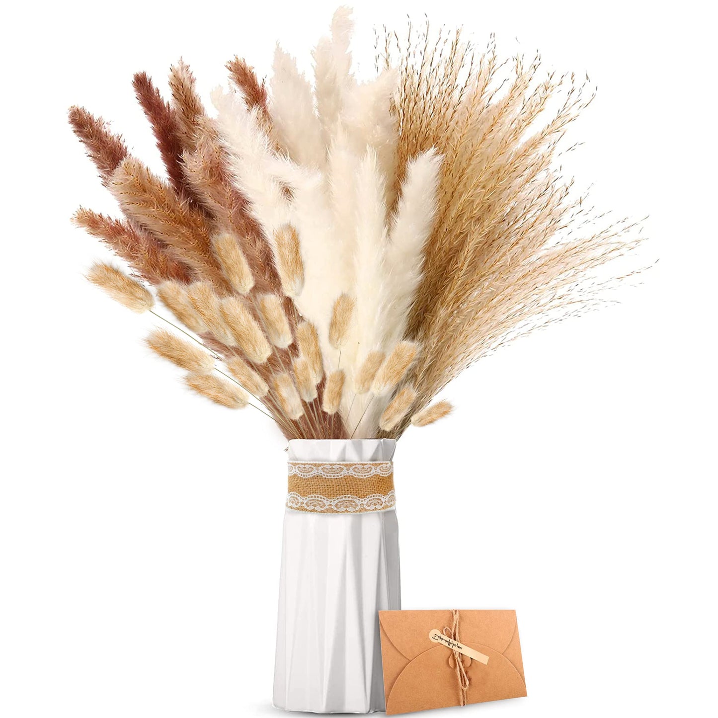 Torkat Pampasgräs - Naturliga Torkade Blommor, Bruna、Vita Pampasgräs Fluffiga blad, Lagurus Och Sedge Torkade Blommor Bukett Torkade Blommor för Blomsterarrangemang Heminredning