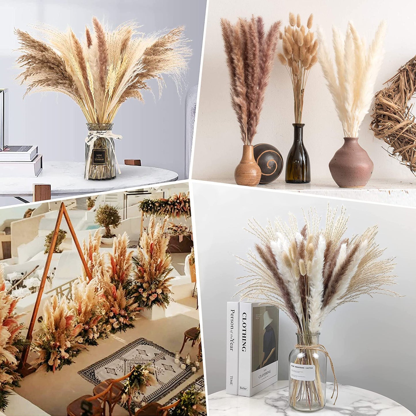 Torkat Pampasgräs - Naturliga Torkade Blommor, Bruna、Vita Pampasgräs Fluffiga blad, Lagurus Och Sedge Torkade Blommor Bukett Torkade Blommor för Blomsterarrangemang Heminredning