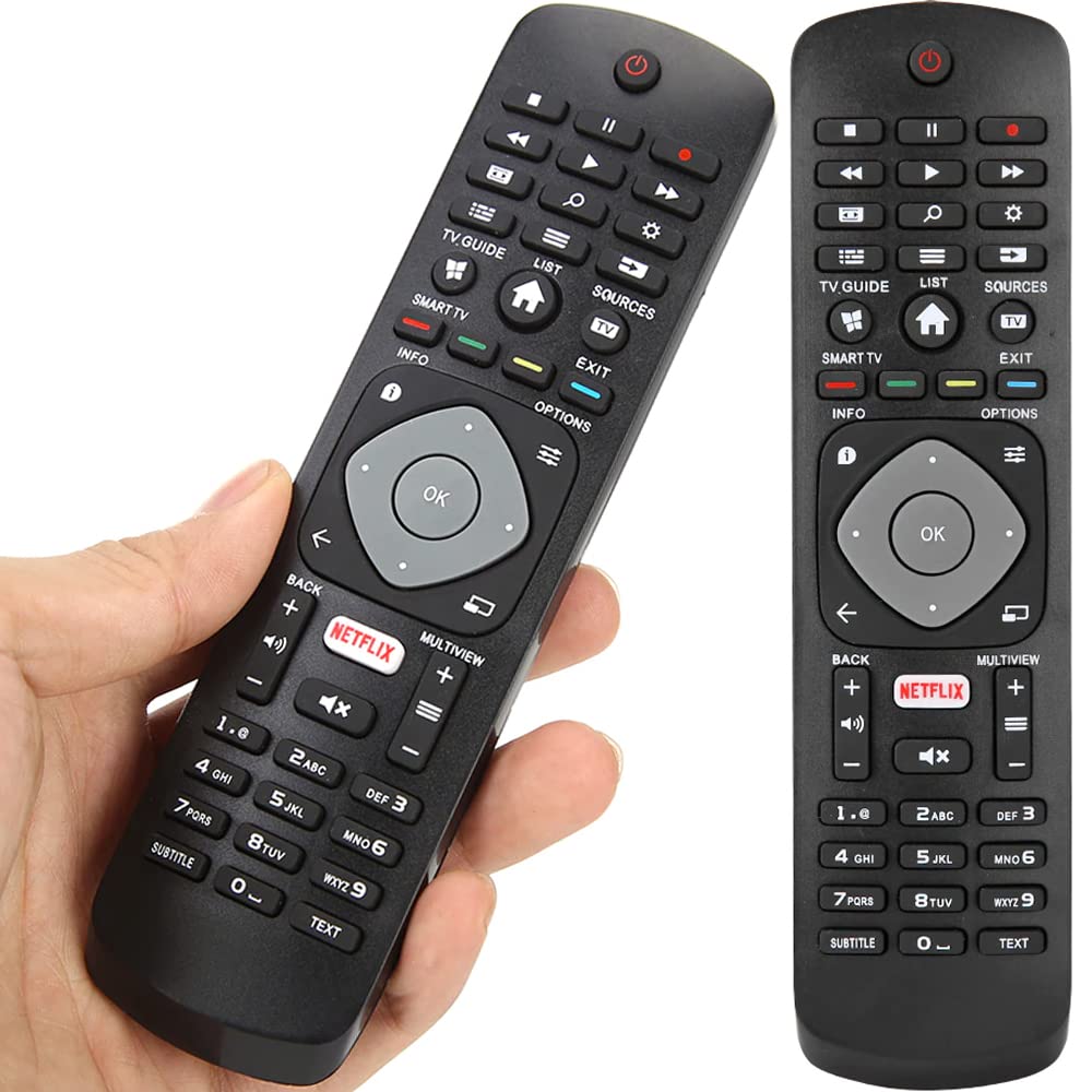Universalfjärrkontroll för Philips TV med Netflix-knapp, Smart TV, Fjärrkontroll för Philips, LCD-/LED-TV, Kompatibel med många Philips-modeller, 49PUT6101, 50PUT6400, svart