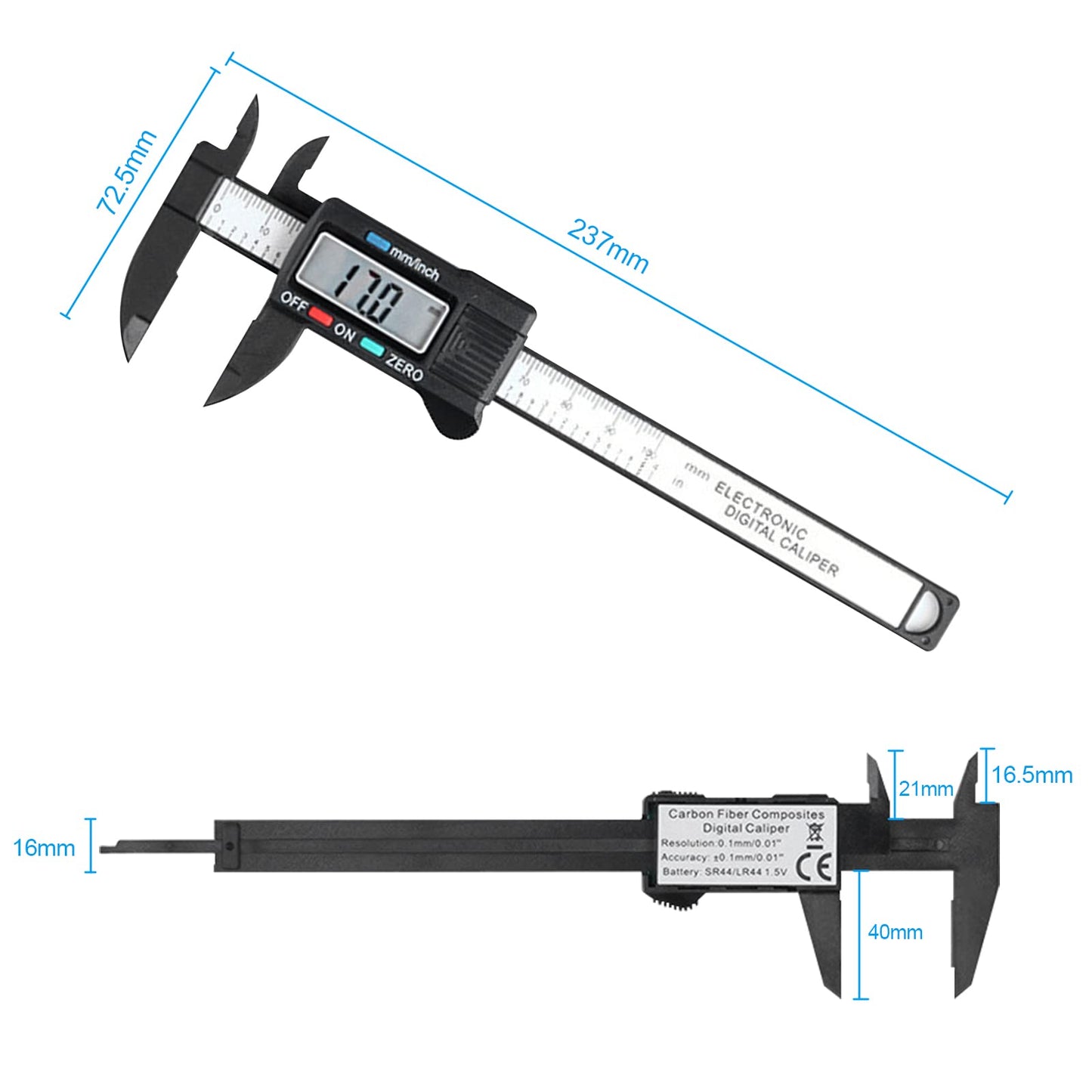 digitalt skjutmått på 150 mm/6 tum, digitalt kolfiber med klart Lcd och backup-batteri, professionell kaliper för utomhusbruk, inomhus, djup och stegmätning