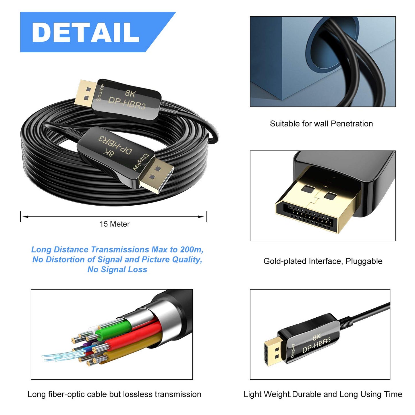 (10M) 8K 4K DisplayPort-kabel DP 1,4 8K @ 60Hz 4K @ 144 Hz hög hastighet 32,4 Gbps optisk fiber, tunn och flexibel DP till DP-kabel