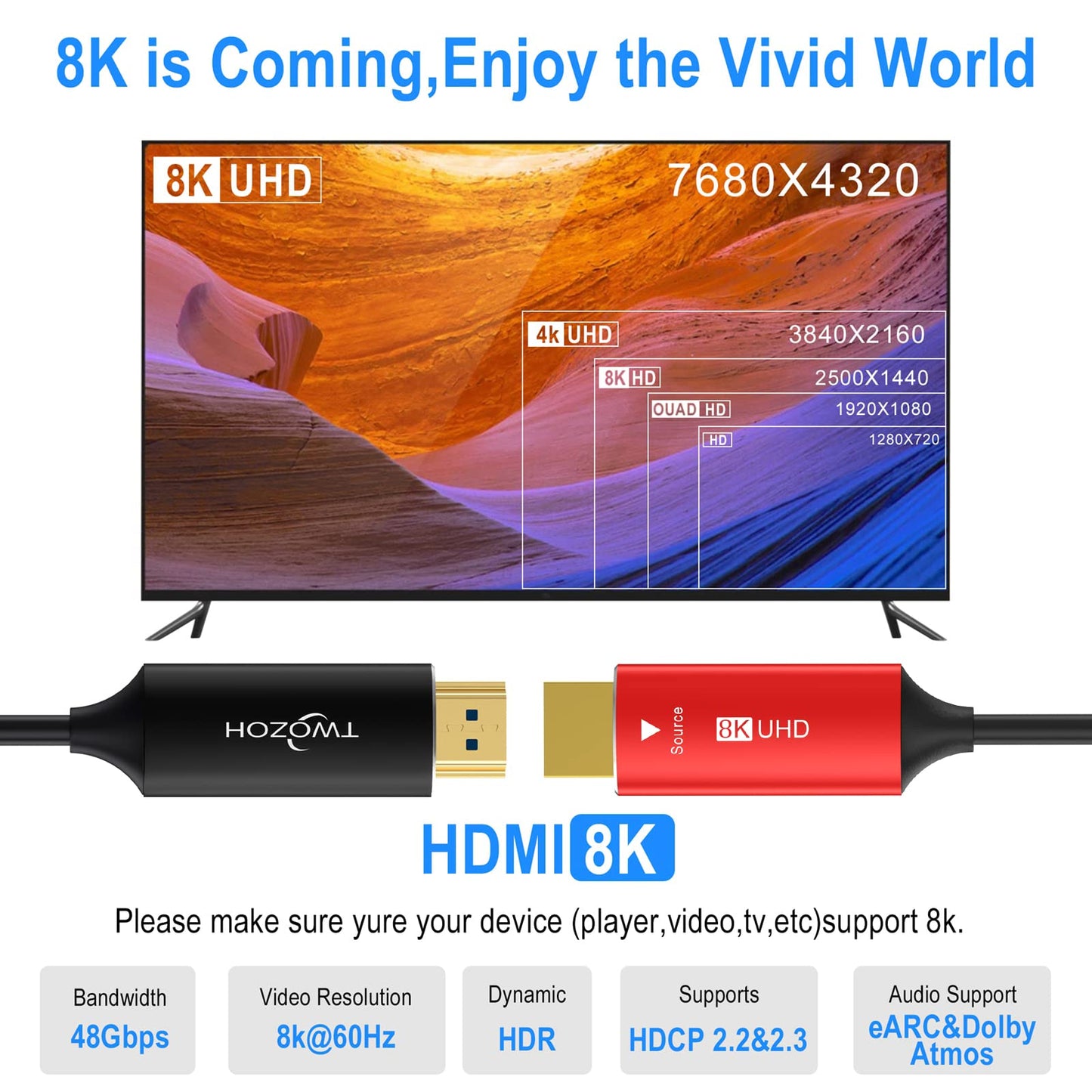 RiteAV - 8K fiber HDMI kabel 100M, Hög hastighet HDMI 2.1 fiberoptisk sladd stöder 48Gbps 8K@60Hz 4K@120Hz