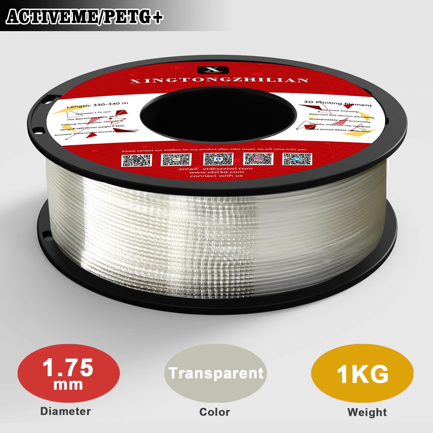 PETG+ 3D-skrivarfilament, PETG+-filament 1,75 mm, dimensionell noggrannhet +/- 0,02 mm, 1 kg spole 3D-skrivarfilament för 3D-skrivare,Genomskinlig