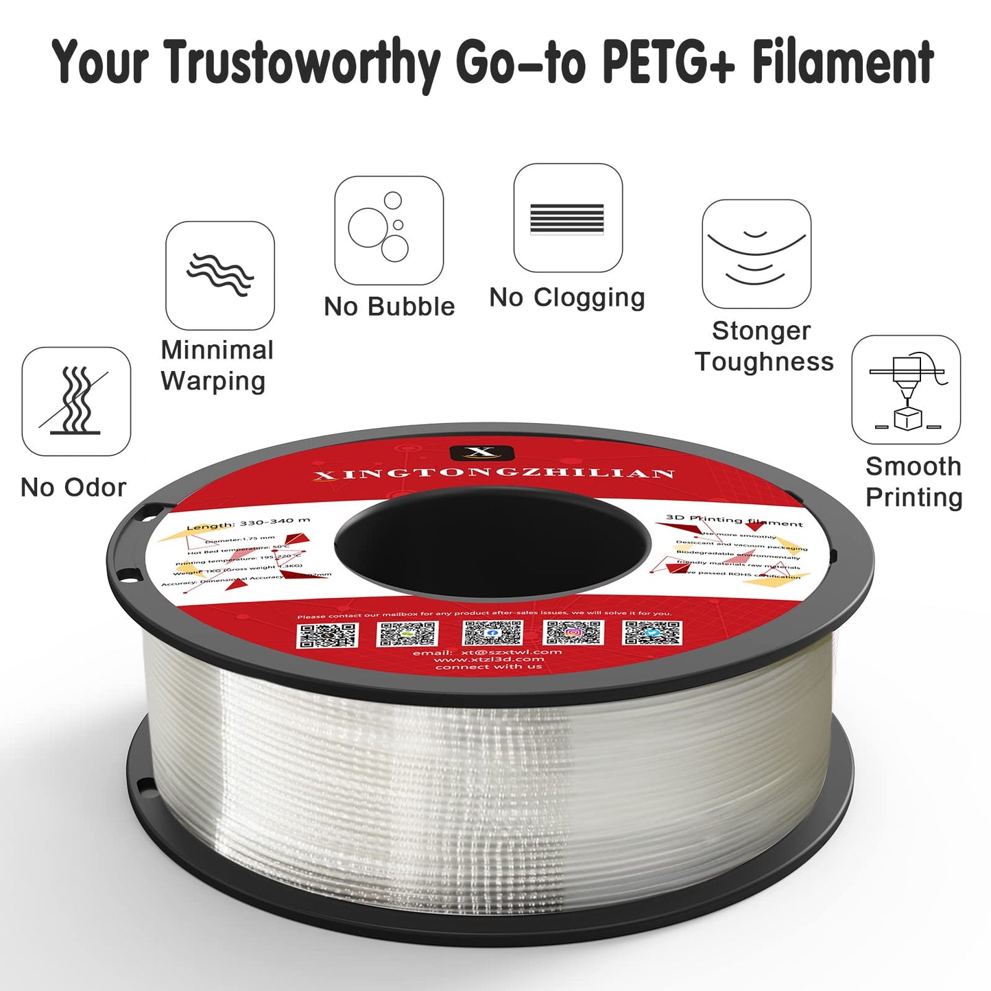 PETG+ 3D-skrivarfilament, PETG+-filament 1,75 mm, dimensionell noggrannhet +/- 0,02 mm, 1 kg spole 3D-skrivarfilament för 3D-skrivare,Genomskinlig