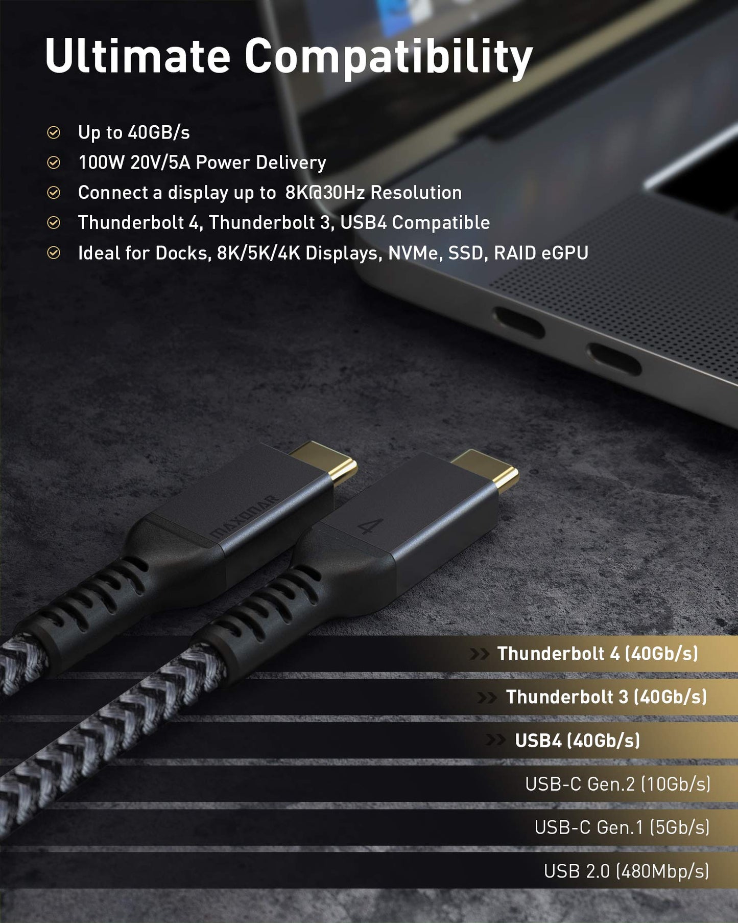 Thunderbolt 4 Kabel 2m/40Gbps, TB4 USB C 4.0 Kabel 20V/5A 100W Stöder 8K30hz/5K@60Hz/Dual 4K60hz Bildskärm,Studio Display,M1 Macbok Air,Thunderbolt 3 Extern SSD,eGpu Dockning,USB-C Dockning