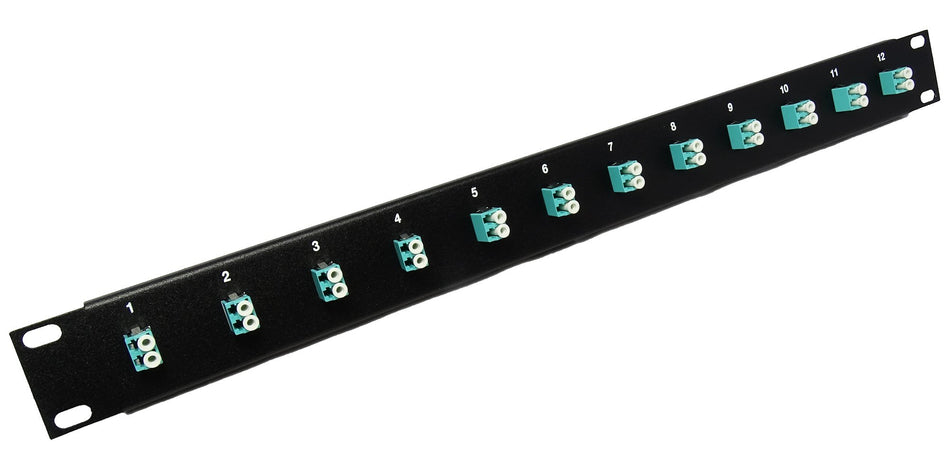 LC fiberpatchpanel (laddad 1 u) 19 tum 12 Port Aqua Couplers (OM3/OM4 Multimode)