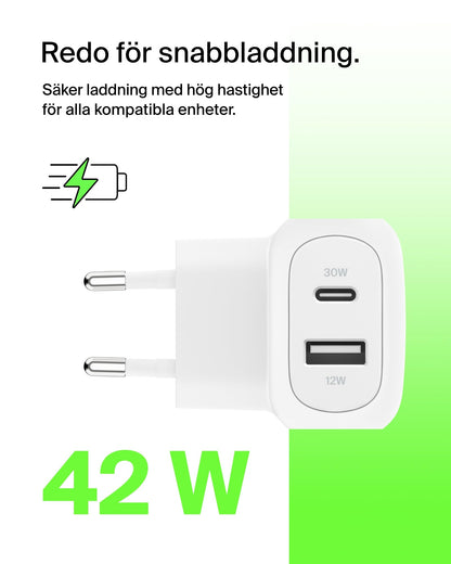 (2st) BoostCharge 42 W väggladdare med två portar, USB-C + USB-A snabbladdning för iPhone 15, 15 Plus, 15 Pro, 15 Pro Max, 14, 14 Pro Max, 13, Galaxy S24, S23, Plus, Ultra, iPad, AirPods, m.fl. - Vit