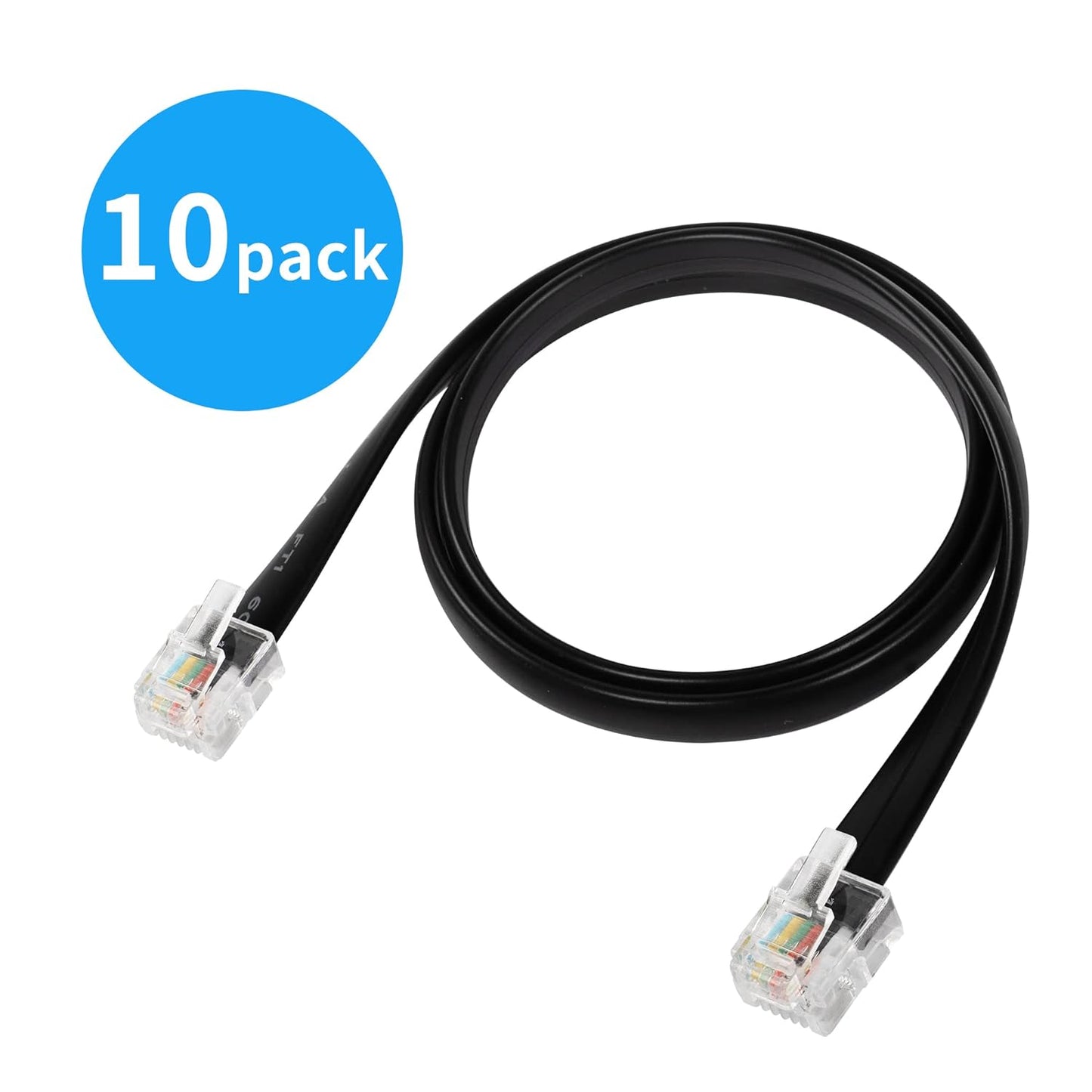 RiteAV - 6 tums kort RJ12 rak kabel 6P6C hane till hane platt (svart, 10 paket)