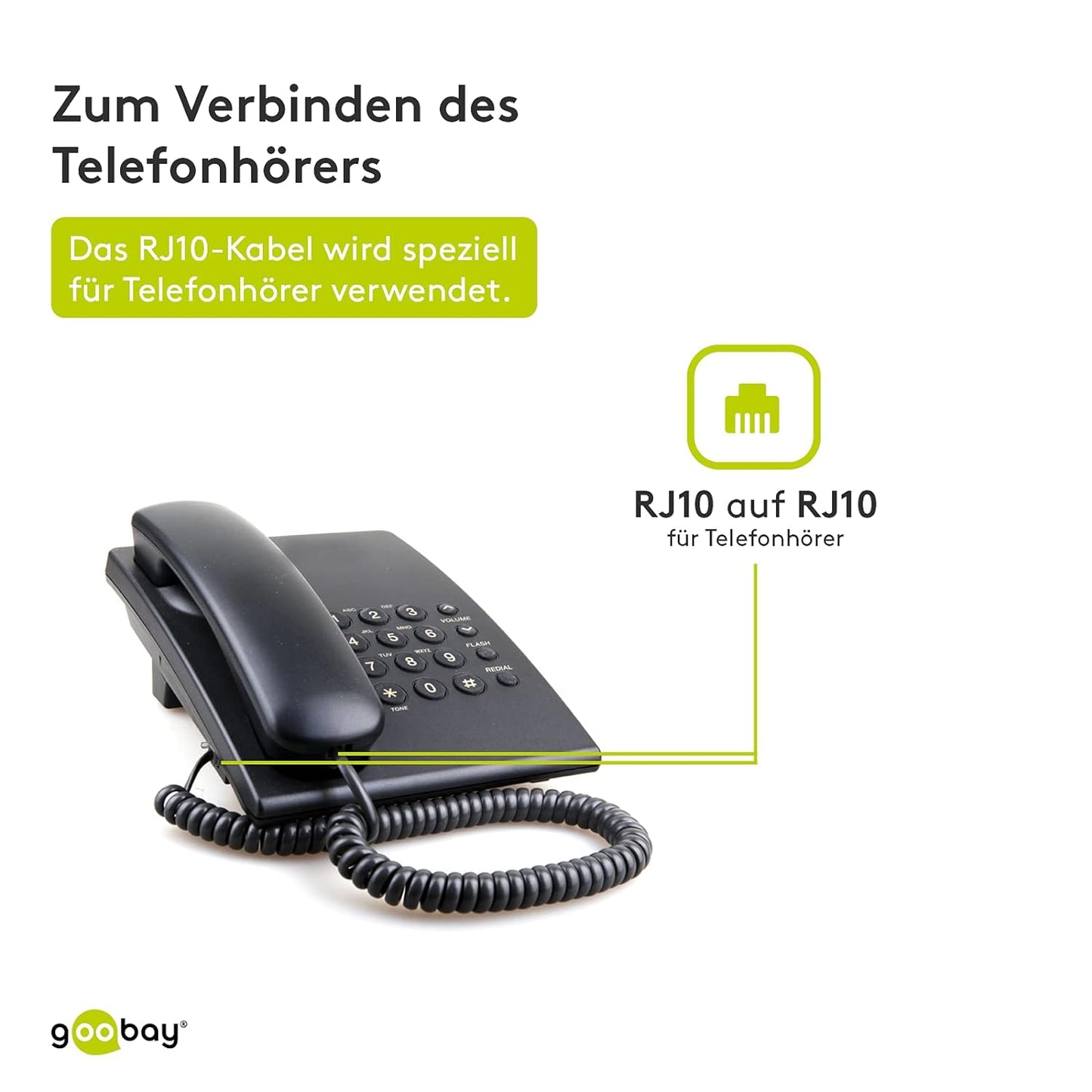 RiteAV - Spiralkabel för Telefonhörlurar, Platt Kabel med RJ10-Kontakt (4P4C) till RJ10-Kontakt (4P4C); Svart, 2 meter