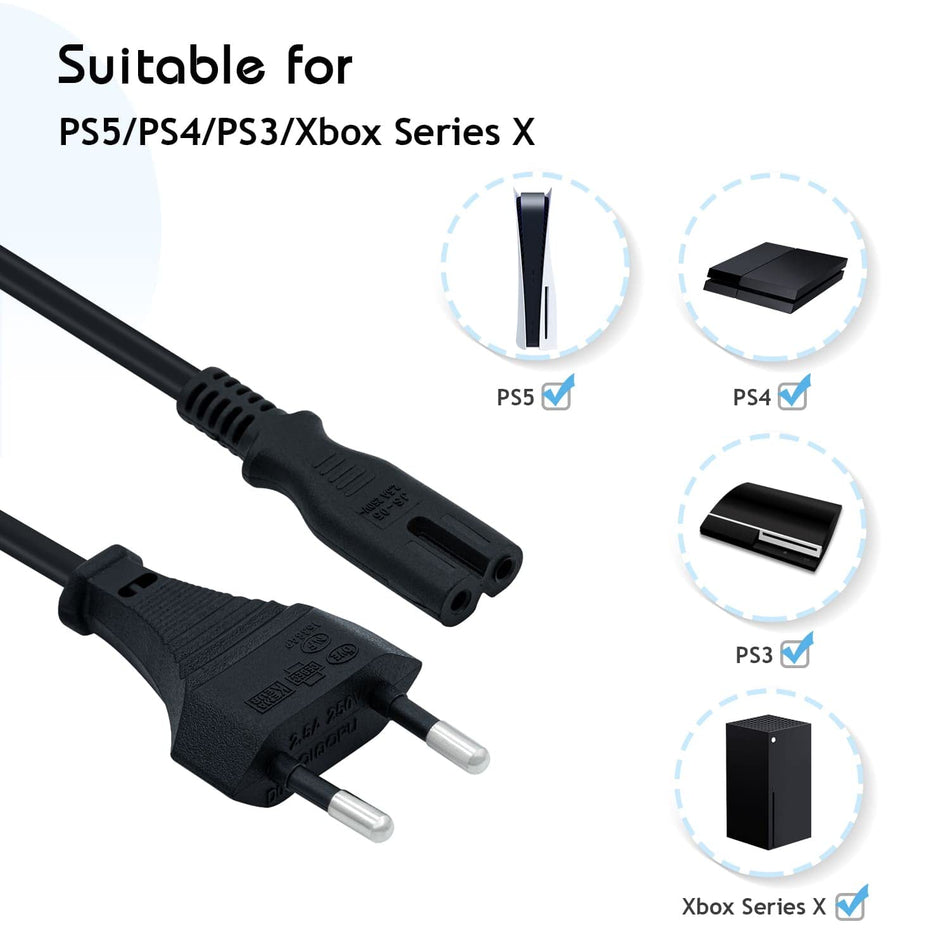 RiteAV  1,5 m svart strömkabel, eurokontakt C7 2-polig strömkabel för PS5/PS4/PS3/Xbox Series X/S – svart