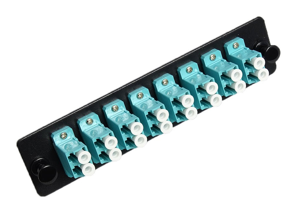 RiteAV LGX Footprint LC Adapter Panel, 8 Ports, Loaded w/8 LC Duplex OM3 10Gig Multimode Adapters, Black