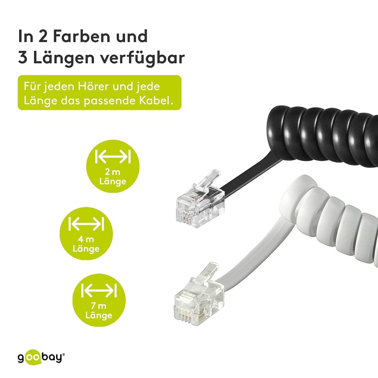 RiteAV - Spiralkabel för Telefonhörlurar, Platt Kabel med RJ10-Kontakt (4P4C) till RJ10-Kontakt (4P4C); Svart, 2 meter