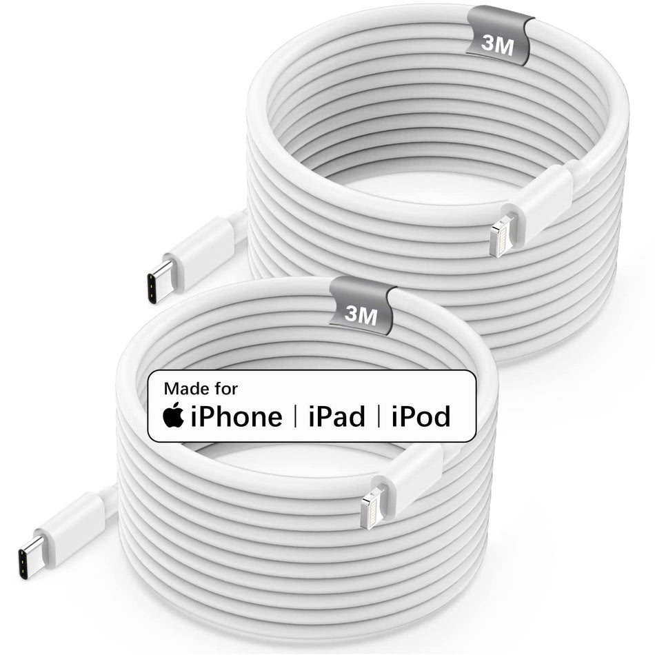 RiteAV - USB C till Lightning-kabel 3 m, 2-pack [Apple MFi-certifierad], snabb iPhone-laddningskabel för iPhone 14/13 Pro Max/Mini/12/11/XS/XR/X/8, extra lång blixt till typ C PD snabbladdningskabel