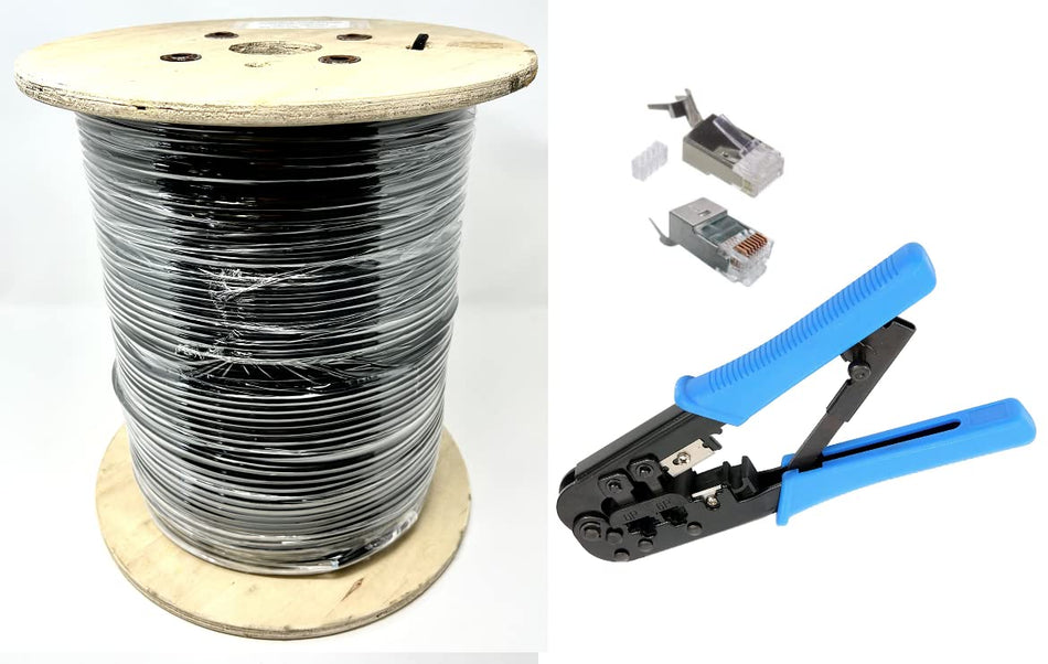 Ultra Spec Cables - Cat5E Outdoor Waterproof Ethernet Direct Burial Bulk Cable Shielded Solid (Pure Copper) Rugged Black Jacket (no Ends) - 1000FT with 100 Pack RJ45 Shielded Connectors and Hand Tool