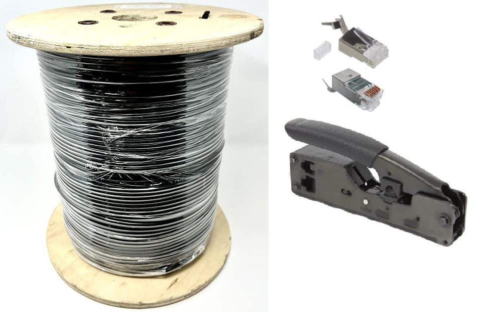 Ultra Spec Cables - Cat6 Outdoor Waterproof Ethernet Direct Burial Bulk Cable Shielded Solid (Pure Copper) Rugged Black Jacket (no Ends) - 1000FT with 10 Pack RJ45 Shielded Connectors and Hand Tool