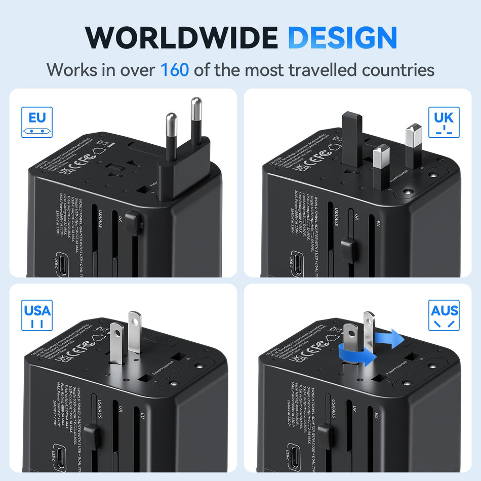 RiteAV - Unidapt Universal Reseadapter, Universal Adapter med 3 USB C, 2 USB A och AC Uttag, Internationell uttagsadapter med USB, för Tyskland USA England Thailand Italien Australien Reseadapter USA