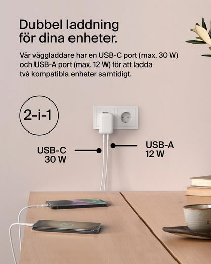 (2st) BoostCharge 42 W väggladdare med två portar, USB-C + USB-A snabbladdning för iPhone 15, 15 Plus, 15 Pro, 15 Pro Max, 14, 14 Pro Max, 13, Galaxy S24, S23, Plus, Ultra, iPad, AirPods, m.fl. - Vit