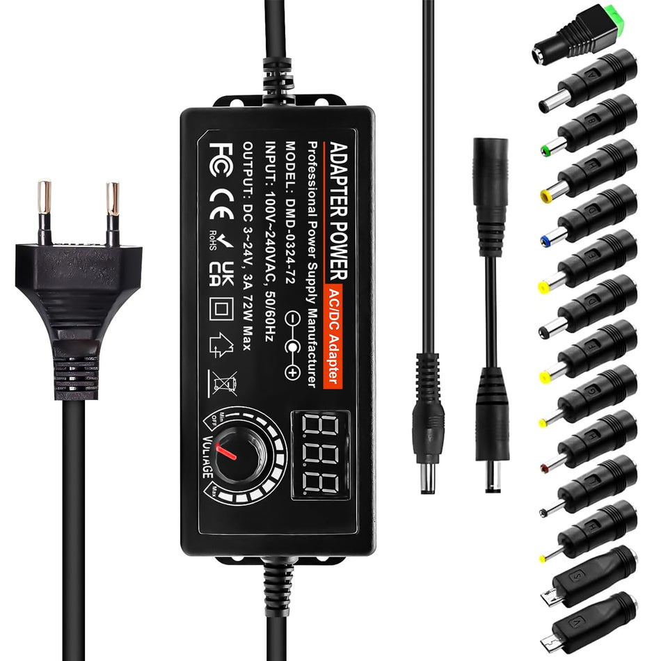 RiteAV - 3A 72W universellt nätaggregat, 3V-24V justerbar nätadapter 100V-240V AC till DC universalladdare med LED