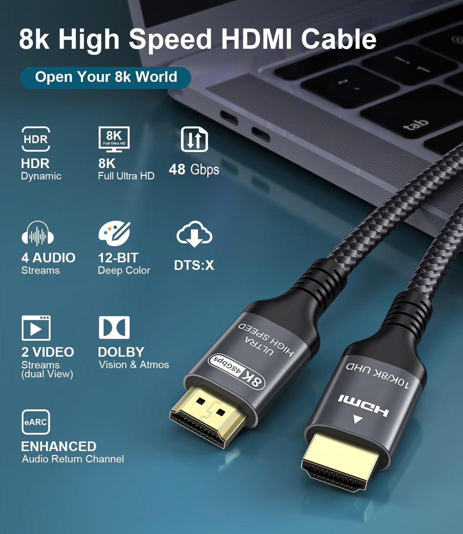 RiteAV - 10K 8K HDMI 2.1 Kabel (6 Meter) Certifierad 48Gbps Ultra Hög Hastighet HDMI Kabel med Ethernet 4K 240Hz 165Hz 144Hz 120Hz 8K60Hz eARC HDCP2.3 HDR10+