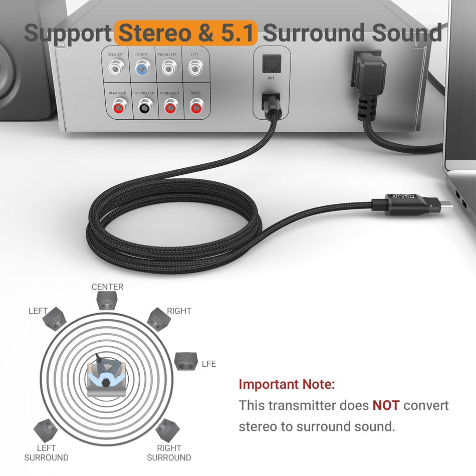 RiteAV - USB C till TOSLINK optisk ljudkabel, enkelriktad typ C till SPDIF digital aux-kabel, S/PDIF-sändare för dator/laptop/PC MacBook (5.1 surroundljud) och PS5 (stereo), 2 m
