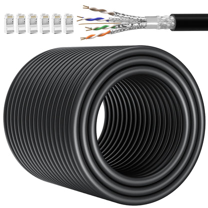 RiteAV - Nätverkskabel 80m Utomhus Cat 7 Ethernet Cable 80 Meter SFTP Skärmad LAN Internetkabel Höghastighets 10Gbit/s 600MHz Ethernet Patchkabel Svart Gigabit Vattentät RJ45 Installationskabel