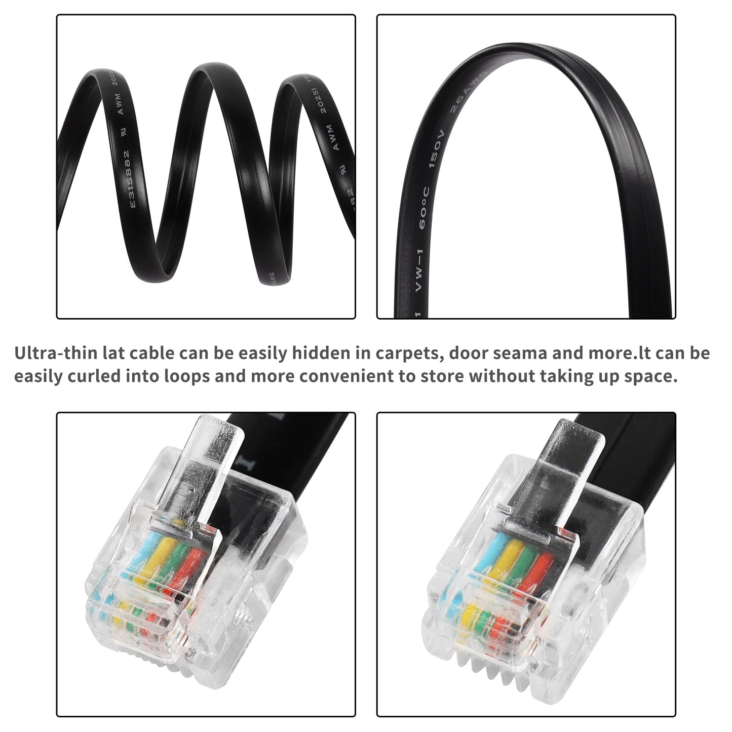 RiteAV - 6 tums kort RJ12 rak kabel 6P6C hane till hane platt (svart, 10 paket)