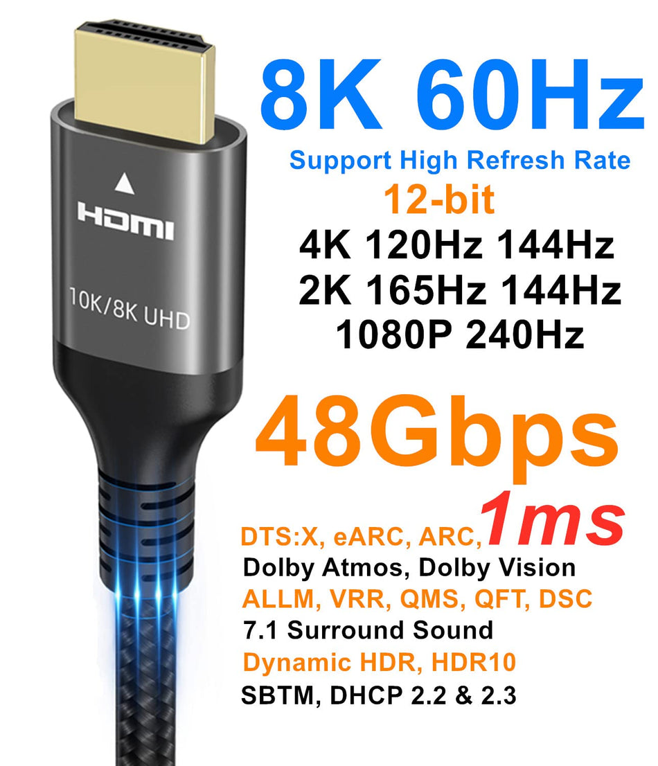 10K 8K 4K HDMI Kabel 48Gbps 5M, Certifierad Ultra High Speed HDMI® Kabel 4K 240Hz 144Hz 8K 60Hz 0,01ms HDR10+ ARC eARC HDCP2.3 Netflix Roku TV PC Monitor Projektor PS5 4 Xbox