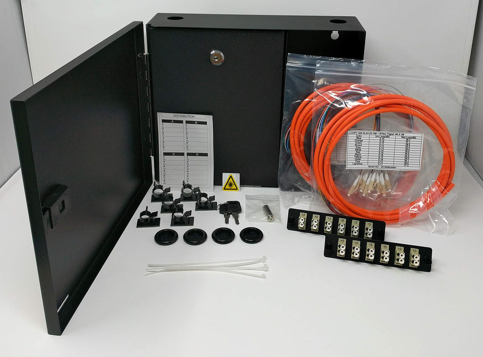 Ultra Spec Cables 2 LGX Panel Lockable Wall Mount Fiber Enclosure Kit, Includes 2 x Loaded OM1 Multimode Duplex LC-UPC LGX Panels and 2 x 3M 12 Strand OM1 LC-UPC Pigtails for Splice