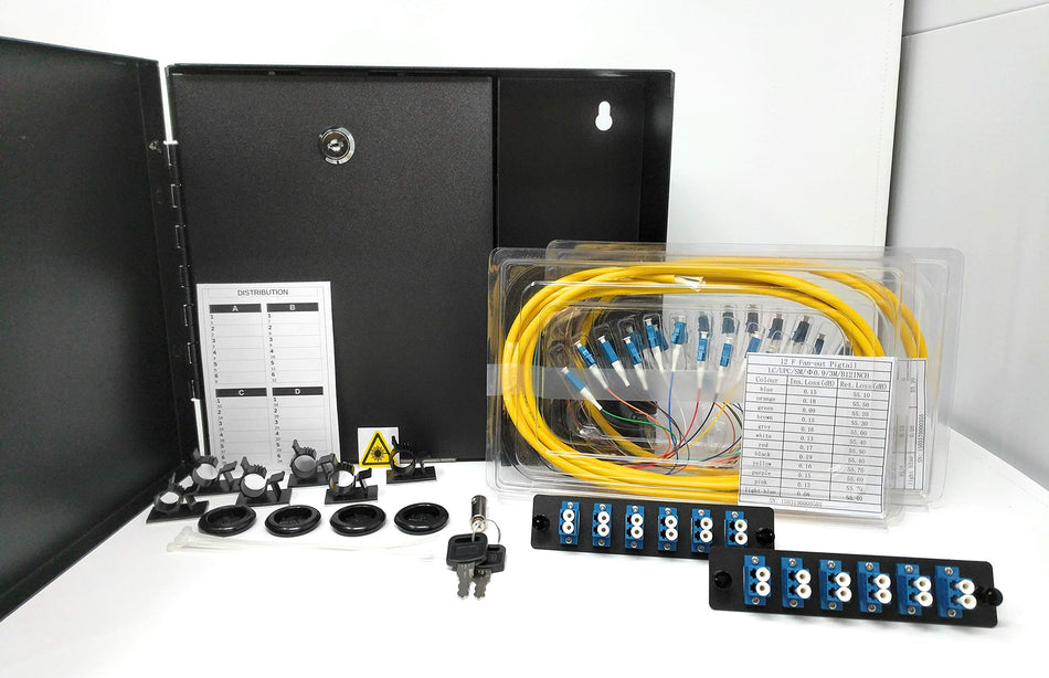 Ultra Spec Cables 2 LGX Panel Lockable Wall Mount Fiber Enclosure Kit, Includes 2 x Loaded Singlemode Duplex LC-UPC LGX Panels and 2 x 3M 12 Strand Singlemode LC-UPC Pigtails for Splice