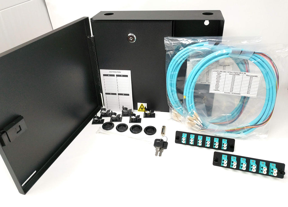 Ultra Spec Cables 2 LGX Panel Lockable Wall Mount Fiber Enclosure Kit, Includes 2 x Loaded OM3 Multimode Duplex LC-UPC LGX Panels and 2 x 3M 12 Strand OM3 LC-UPC Pigtails for Splice