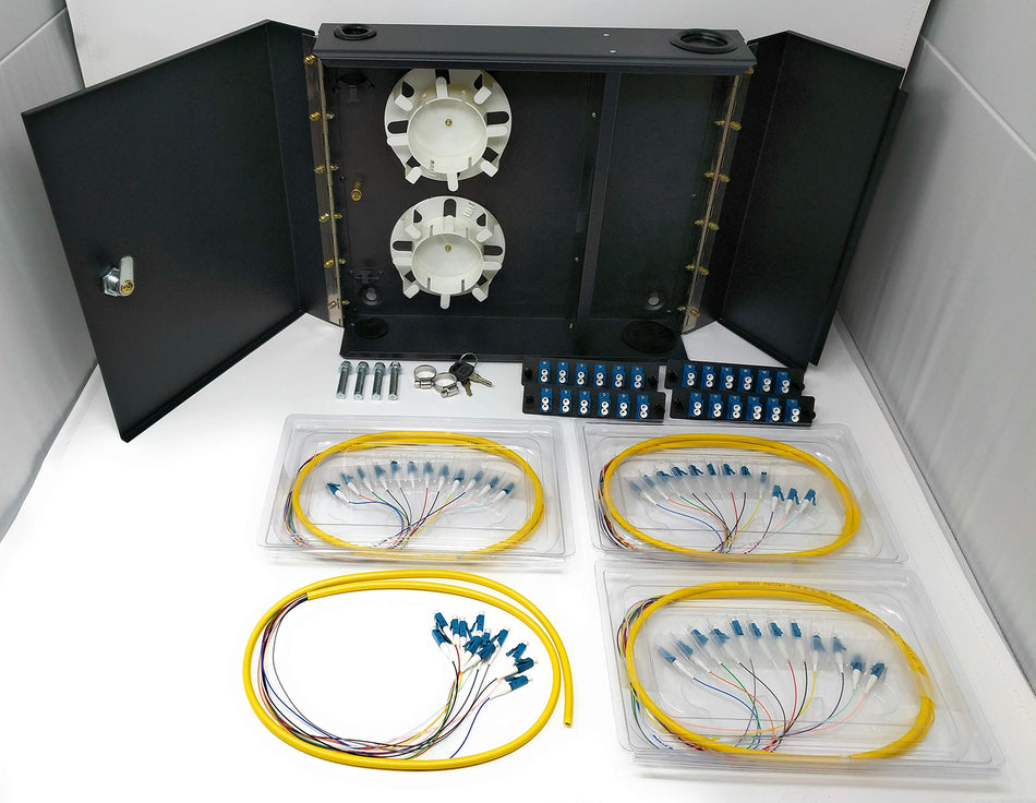 Ultra Spec Cables 4 LGX Panel Lockable Wall Mount Fiber Enclosure Kit, Includes 4 x Loaded Singlemode Duplex LC-UPC LGX Panels and 4 x 3M 12 Strand SM LC-UPC Pigtails for Splice