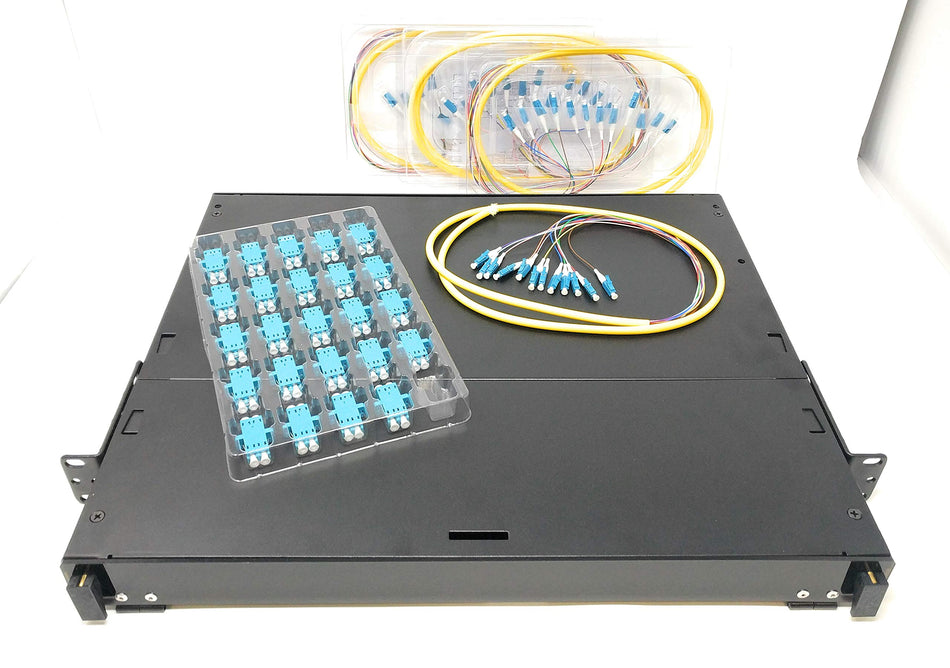 Ultra Spec Cables 1U 24 Port 19" Rack Mount Fiber Enclosure Singlemode LC-UPC Kit (Includes 4 x 3 Meter 12 Strand LC-UPC Pigtails and 24 x LC-UPC Adapters) for Splice