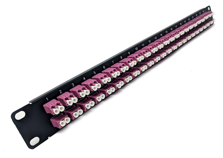 1U 48port High Density Patch Panel, Loaded with LC Duplex Multimode OM4 Magenta Colored Adapters