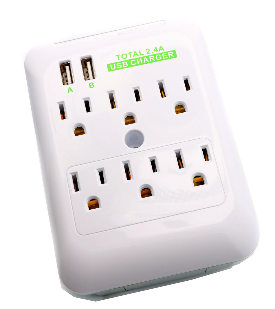 RiteAV 6 Outlet Surge Wall Tap Plug + 2.4A (2 x Female USB Port) Charger for Cell Phone