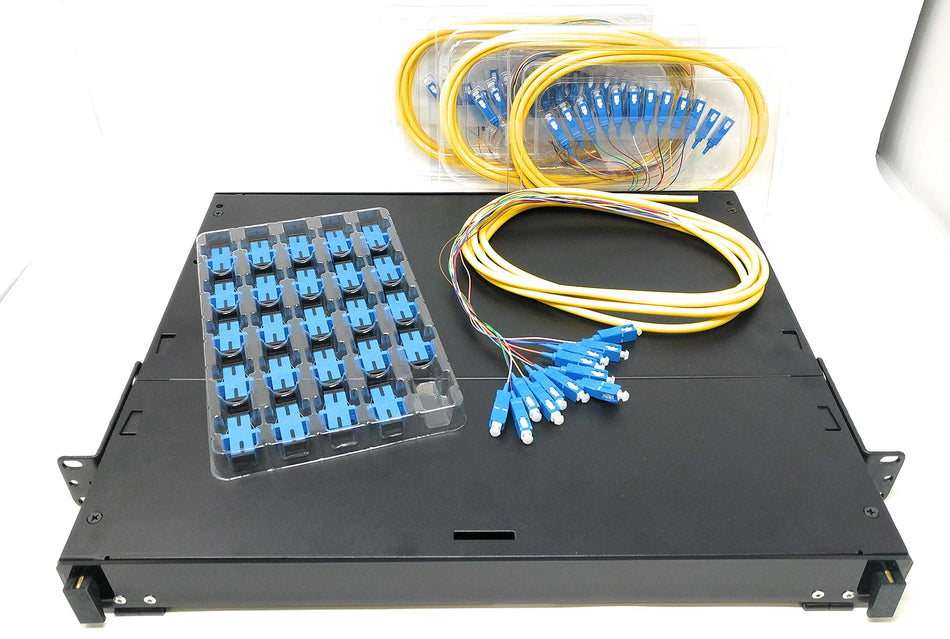 Ultra Spec Cables 1U 24 Port 19" Rack Mount Fiber Enclosure Singlemode SC-UPC Kit (Includes 4 x 3 Meter 12 Strand SC-UPC Pigtails and 24 x SC-UPC Adapters) for Splice