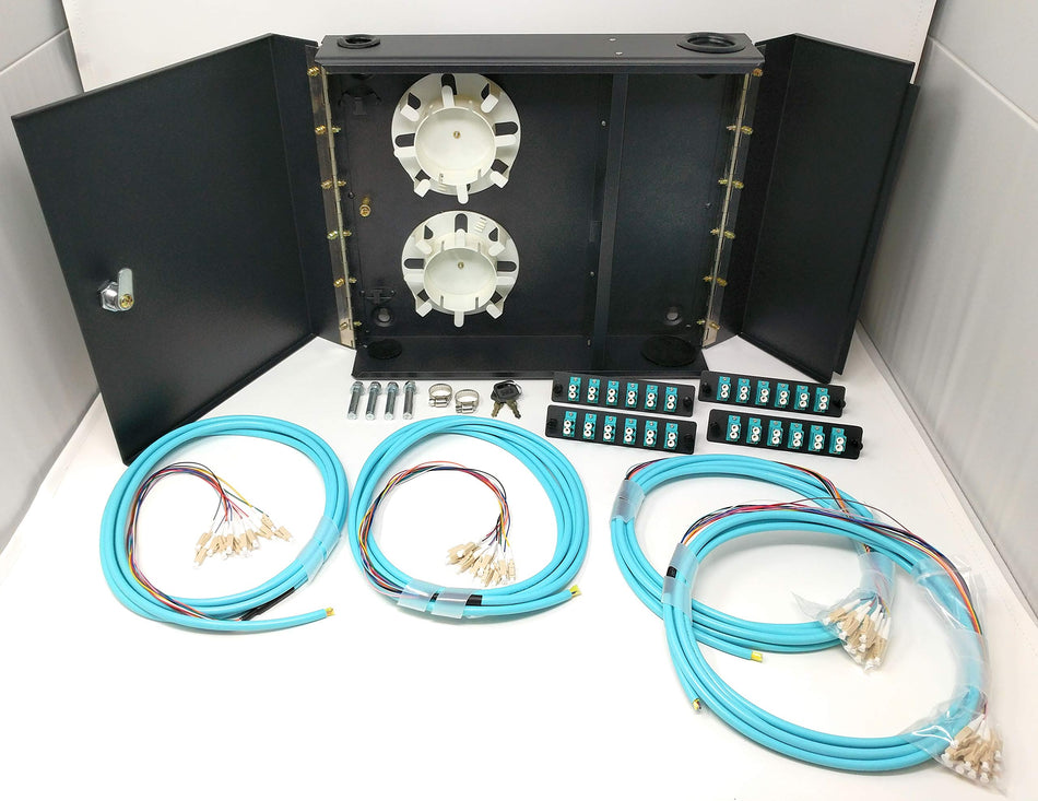 Ultra Spec Cables 4 LGX Panel Lockable Wall Mount Fiber Enclosure Kit, Includes 4 x Loaded OM3 Multimode Duplex LC-UPC LGX Panels and 4 x 3M 12 Strand OM3 LC-UPC Pigtails for Splice