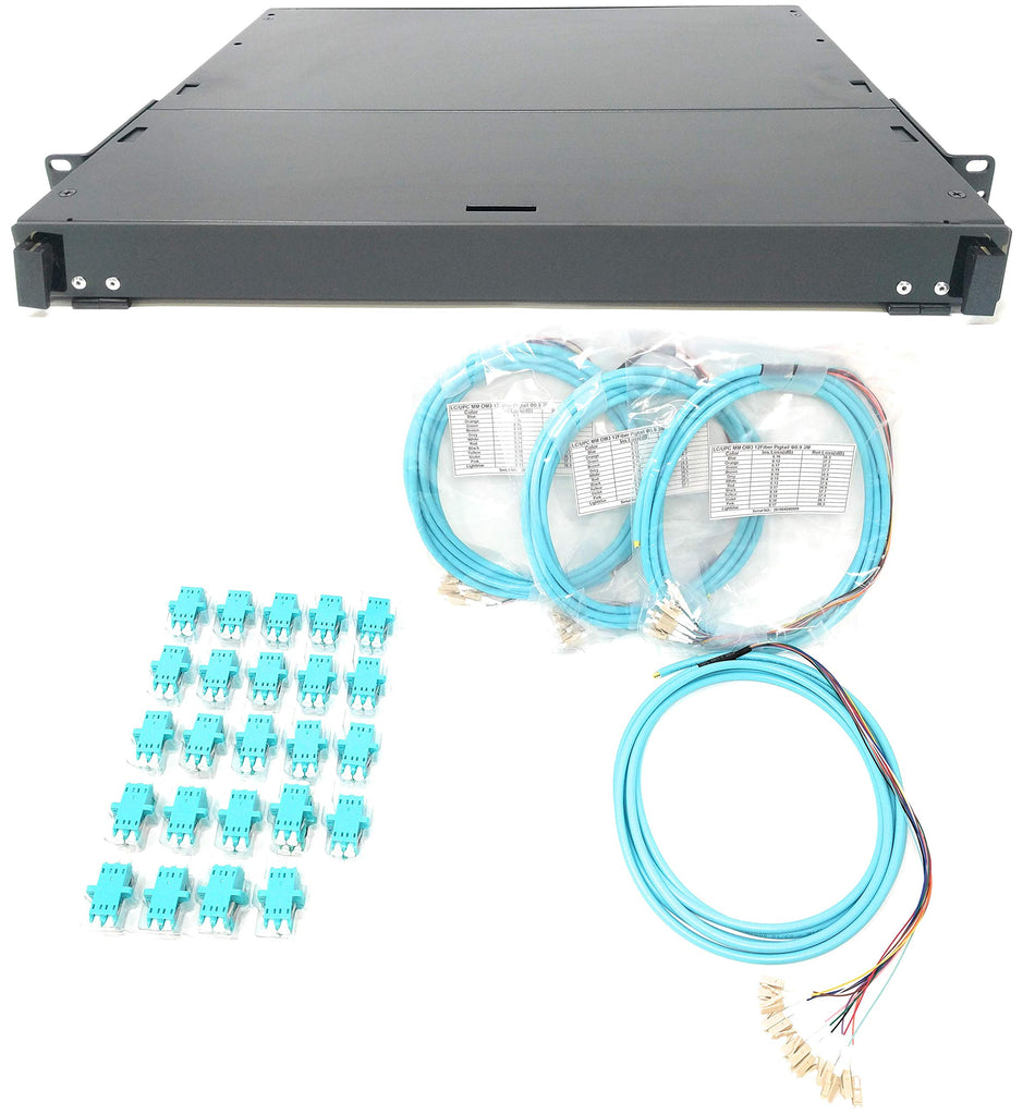 Ultra Spec Cables 1U 24 Port 19" Rack Mount Fiber Enclosure OM3 10Gb LC-UPC Kit (Includes 4 x 3 Meter 12 Strand OM3 LC-UPC Pigtails and 24 x OM3 LC-UPC Adapters) for Splice