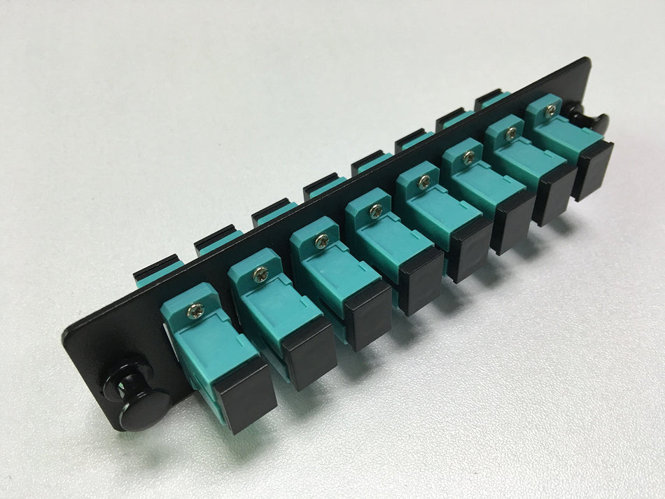 RiteAV LGX Footprint SC Adapter Panel, 8 Ports, Loaded w/8 SC OM3 10Gig Simplex Adapters, Black