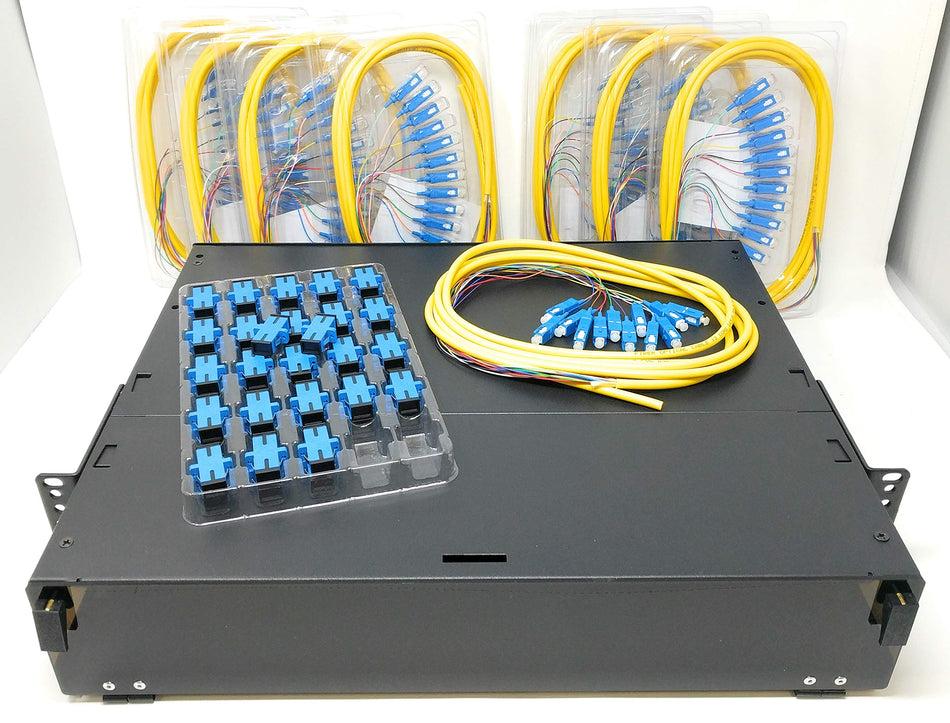 Ultra Spec Cables 2U 48 Port 19" Rack Mount Fiber Enclosure Singlemode SC-UPC Kit (Includes 8 x 3 Meter 12 Strand SC-UPC Pigtails and 48 x SC-UPC Adapters) for Splice