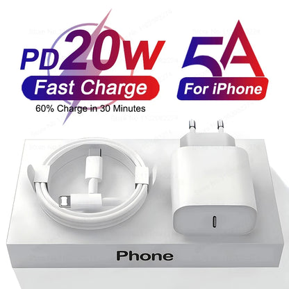 PD 20W USB C Fast Charger for iPhone 13 12 11 14 Pro Max 8 Plus Mini XR XS SE Quick Charging USB Type-C Cable for iPhone Charger