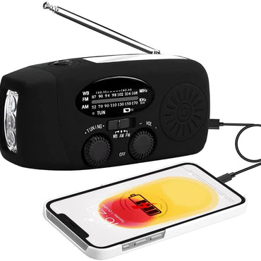 Nödväderradio, 2000mAh Soldriven Vevradio Ficklampa och Telefonladdare Little Hand Crank Radio Väder Nödradio LED-ficklampa strömförsörjning för Smartphone (2000mAh, Black)