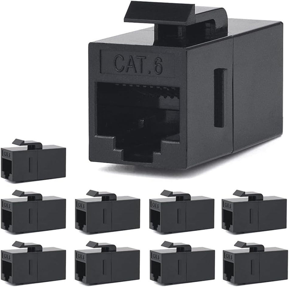 RiteAV - RJ45 koppling, CAT6 Keystone Jack F till F rak oskärmad in-line Cat 6 Ethernet-modul (10 st, svart)