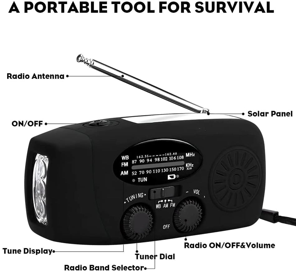 Nödväderradio Soldriven Vevradio (2000mAh, Svart)