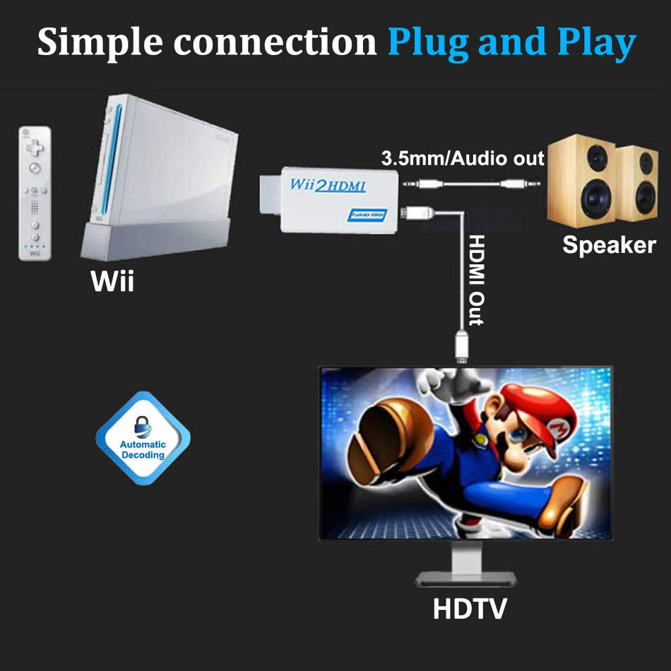 WII till HDMI Converter, WII HDMI Full HD 720p eller 1080p videoomvandlare adapter/3,5 mm ljud ut